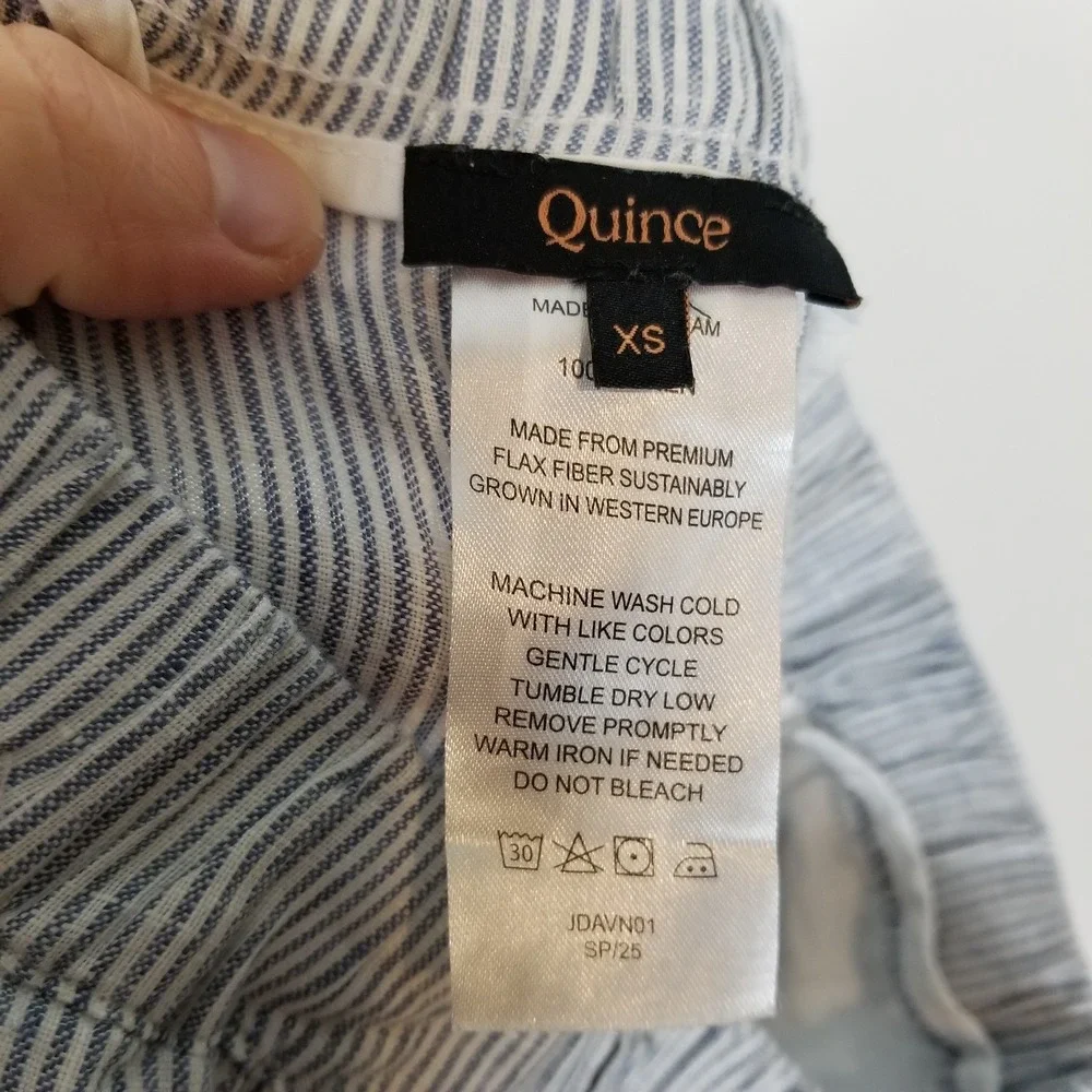 Quince‎ Women Linen Striped Pants Sz XS Blue White Elastic Waist Cropped Boho